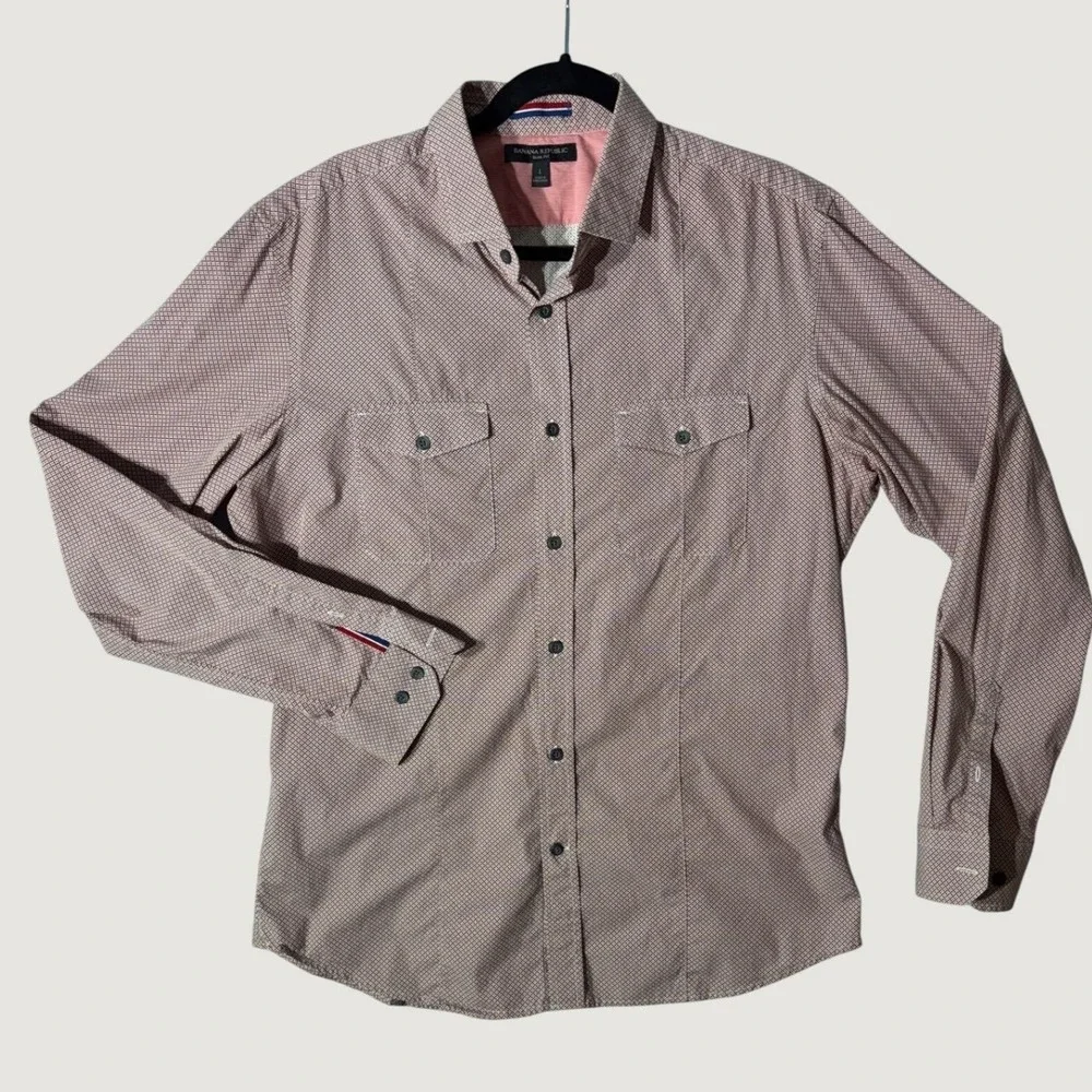 Banana Republic Button Down Shirt Mens L Burgundy Gingham Slim Fit Stretch